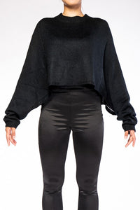 Black Batwings Sleeve Crop Knitted Sweater Top