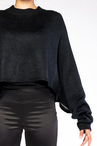 Black Batwings Sleeve Crop Knitted Sweater Top