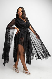 Black Plus Size Dot mesh cape sleeve dress.