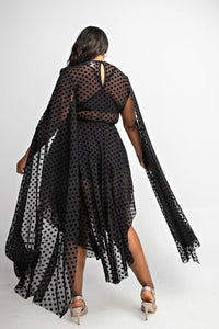 Black Plus Size Dot mesh cape sleeve dress.